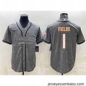 Chicago Bears 1 Justin Fields Grey With Patch Cool Base Stitched Baseball Jersey