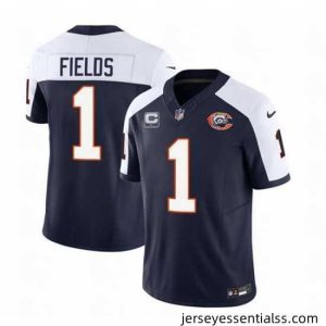 Chicago Bears 1 Justin Fields Navy White 2023 F.U.S.E  With 1 Star C PatchThrowback Limited Stitched Football Jersey