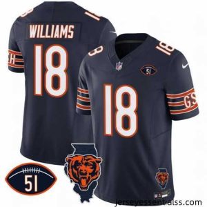 Chicago Bears 18 Caleb Williams Navy F.U.S.E  With Illinois And No  51 Patch Stitched Football Jersey