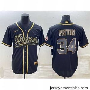 Chicago Bears 34 Walter Payton Black Gold With Patch Cool Base Stitched Baseball Jersey