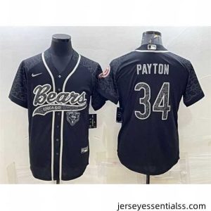 Chicago Bears 34 Walter Payton Black Reflective With Patch Cool Base Stitched Baseball Jersey
