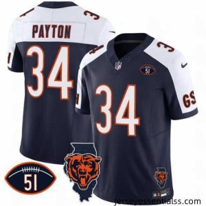 Chicago Bears 34 Walter Payton Navy White F.U.S.E  With Illinois And No  51 Patch Stitched Football Jersey