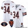 Chicago Bears 34 Walter Payton White F.U.S.E  With Illinois And No  51 Patch Stitched Football Jersey