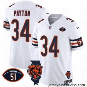 Chicago Bears 34 Walter Payton White F.U.S.E  With Illinois And No  51 Patch Stitched Football Jersey