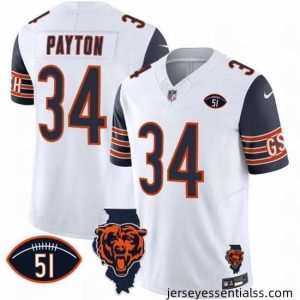 Chicago Bears 34 Walter Payton White Navy F.U.S.E  With Illinois And No  51 Patch Stitched Football Jersey