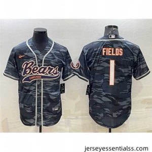 Chicago Bears Blank 1 Justin Fields Grey Camo With Patch Cool Base Stitched Baseball Jersey