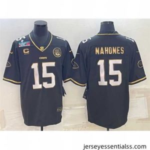 Kansas City Chiefs 15 Patrick Mahomes Black Gold Super Bowl LVII Patch And 4 Star C Patch Vapor Untouchable Limited Stitched Jersey