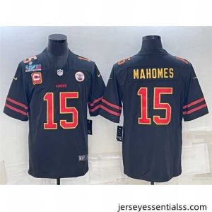 Kansas City Chiefs 15 Patrick Mahomes Black Red Gold Super Bowl LVII Patch And 4 Star C Patch Vapor Untouchable Limited Stitched Jersey