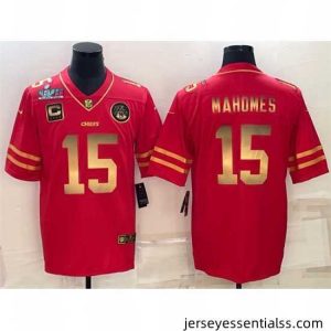 Kansas City Chiefs 15 Patrick Mahomes Red Gold Super Bowl LVII Patch And 4 Star C Patch Vapor Untouchable Limited Stitched Jersey