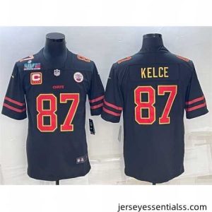 Kansas City Chiefs 87 Travis Kelce Black Red Gold Super Bowl LVII Patch And 4 Star C Patch Vapor Untouchable Limited Stitched Jersey