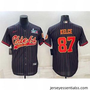 Kansas City Chiefs 87 Travis Kelce Black With Super Bowl LVII Patch Cool Base Stitched Baseball Jersey