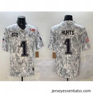 Philadelphia Eagles 1 Jalen Hurts Arctic Camo 2025 Super Bowl LIX Patch F.U.S.E Salute To Service Limited Stitched Football Jersey