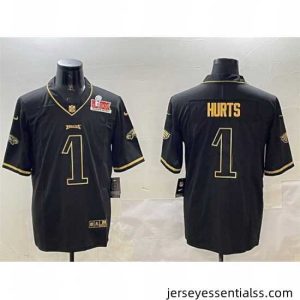 Philadelphia Eagles 1 Jalen Hurts Black Gold 2025 Super Bowl LIX Patch Salute To Service Vapor Untouchable Limited Stitched Football Jersey