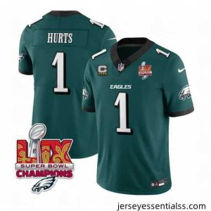 Philadelphia Eagles 1 Jalen Hurts Green 2025 Eagles Logo Super Bowl LIX Patch With 4 Star C Patch New F.U.S.E  Vapor Untouchable Limited Stitched Footb