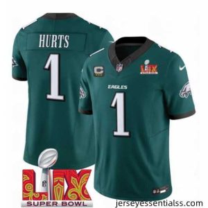 Philadelphia Eagles 1 Jalen Hurts Green 2025 Super Bowl LIX Patch With 3 Star C Patch New F.U.S.E  Vapor Untouchable Limited Stitched Football Jersey