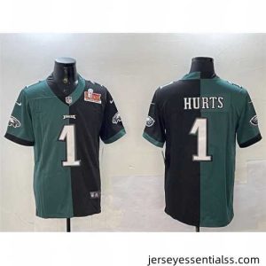 Philadelphia Eagles 1 Jalen Hurts Green  26 Black Split 2025 Super Bowl LIX Patch Vapor Untouchable Limited Stitched Football Jersey