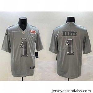 Philadelphia Eagles 1 Jalen Hurts Grey 2025 Super Bowl LIX Patch Atmosphere Fashion Vapor Untouchable Limited Stitched Football Jersey