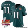 Philadelphia Eagles 11 A J  Brown Green 2025 Eagles Logo Super Bowl LIX Patch New F.U.S.E  Vapor Untouchable Limited Stitched Football Jersey