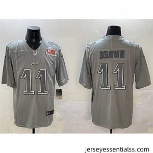 Philadelphia Eagles 11 A  J  Brown Grey 2025 Super Bowl LIX Patch Atmosphere Fashion Vapor Untouchable Limited Stitched Football Jersey