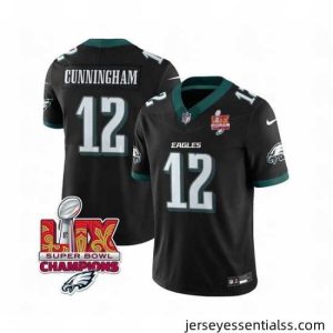 Philadelphia Eagles 12 Randall Cunningham Black 2025 Eagles Logo Super Bowl LIX Patch New F.U.S.E  Vapor Limited Stitched Football Jersey