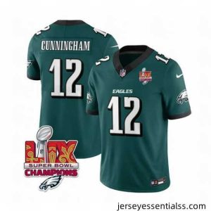 Philadelphia Eagles 12 Randall Cunningham Green 2025 Eagles Logo Super Bowl LIX Patch New F.U.S.E  Vapor Limited Stitched Football Jersey