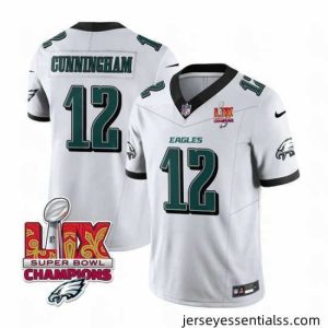 Philadelphia Eagles 12 Randall Cunningham White 2025 Eagles Logo Super Bowl LIX Patch New F.U.S.E  Vapor Limited Stitched Football Jersey