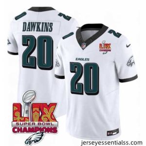 Philadelphia Eagles 20 Brian Dawkins White 2025 Eagles Logo Super Bowl LIX Patch New F.U.S.E  Vapor Limited Stitched Football Jersey