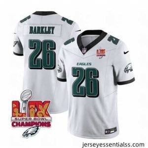Philadelphia Eagles 26 Saquon Barkley White 2025 Eagles Logo Super Bowl LIX Patch New F.U.S.E  Vapor Untouchable Limited Stitched Football Jersey