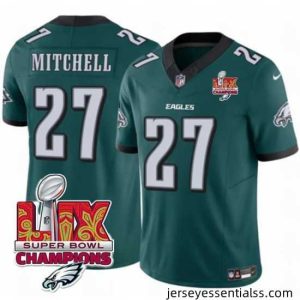 Philadelphia Eagles 27 Quinyon Mitchell Green 2025 Eagles Logo Super Bowl LIX Patch New F.U.S.E  Vapor Untouchable Limited Stitched Football Jersey