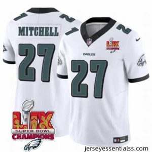 Philadelphia Eagles 27 Quinyon Mitchell White 2025 Eagles Logo Super Bowl LIX Patch New F.U.S.E  Vapor Limited Stitched Football Jersey