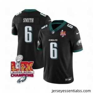 Philadelphia Eagles 6 DeVonta Smith Black 2025 Eagles Logo Super Bowl LIX Patch New F.U.S.E  Vapor Limited Stitched Football Jersey