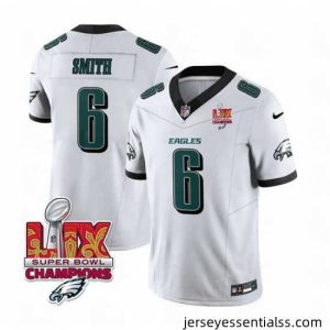 Philadelphia Eagles 6 DeVonta Smith White 2025 Eagles Logo Super Bowl LIX Patch New F.U.S.E  Vapor Untouchable Limited Stitched Football Jersey