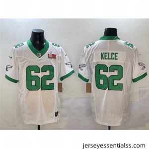 Philadelphia Eagles 62 Jason Kelce White 2025 Super Bowl LIX Patch F.U.S.E  Vapor Untouchable Limited Stitched Football Jersey