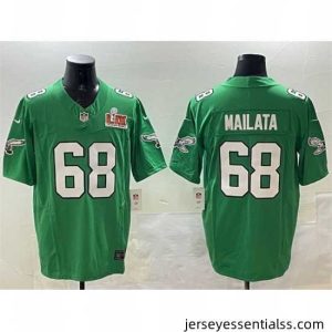 Philadelphia Eagles 68 Jordan Mailata Green 2025 Super Bowl LIX Patch F.U.S.E  Throwback Vapor Untouchable Limited Stitched Football Jersey