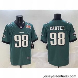 Philadelphia Eagles 98 Jalen Carter Green 2025 Super Bowl LIX Patch New Vapor Untouchable Limited Stitched Football Jersey