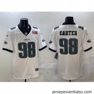 Philadelphia Eagles 98 Jalen Carter White 2025 Super Bowl LIX Patch New Vapor Untouchable Limited Stitched Football Jersey