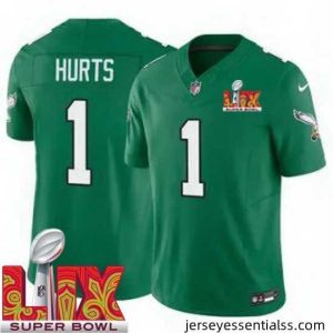 Philadelphia Eagles Jalen Hurts #1 Kelly Green 2024 2025 Super Bowl LIX F.U.S.E Stitched NFL Jersey