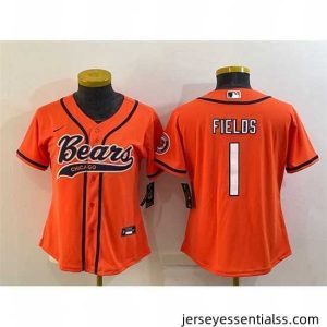 Chicago Bears 1 Justin Fields Orange With Patch Cool Base Stitched Baseball Jersey